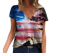 Independence Day for Women Print Daily Summer Shirts for Women V Neck Tank Tops 4 of July Print Blusa de manga corta Camisetas de entrenamiento Casual sueltas Camisetas Top B, rojo, XL