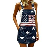 Independence Day Romper Jumpsuit Sleeveless Denim Overalls Summer Casual Dress (Dark Blue, XXL)