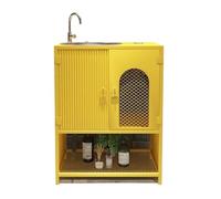 Independiente Mueble de baño con lavabo acero inoxidable, gabinetes almacenamiento estilo industrial puertas y estantes abiertos, comercial pedestal metal grifo desagüe Columna de lavabo(Yellow)