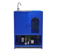 Independiente Mueble de baño con lavabo acero inoxidable, gabinetes almacenamiento estilo industrial puertas y estantes abiertos, comercial pedestal metal grifo desagüe Columna de lavabo(Blue)