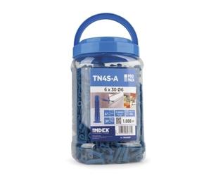 INDEX, TN4S-A EP, Taco de nylon de 4 segmentos, 6x30 mm, Bote de 1000 uds | TN4SA06EP, Taco de nylon de expansión en 4 direcciones con collarín ancho, válido para materiales huecos y materiales macizos