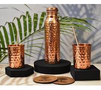 India House 100% Pure Copper Hammered Bottle with 2 Glasses 2 Straws and 2 Coasters/Water Bottle/1000ml/Exercise/Meditation/Gym/Yoga