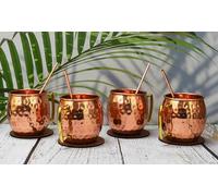 India House 16 Ounce Moscow Mule Glass Set | Cocktail Glasses Set | 100% copper with brass handle | Copper glasses | Juego de 4 Tazas Martilladas Con Mango de Latón (4 Coaster, 4 Straw Free)