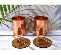 India House - Juego de copas Moscow Mule, 16 oz, juego de copas de cóctel, 100% cobre, vasos de cobre, regalo para fiestas (juego de 2 tazas de acabado liso de cobre puro (2 coaster, 2 pajas)