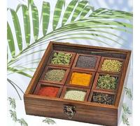 India House - Masala Dabba Indian Wooden Spice Box with Glass Top and Spoon (8 pulgadas)