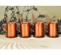 India House Moscow Mule Copper Mugs - Juego de 4 vasos de cobre martillado, juego de tazas de cóctel seguras para alimentos de 16 oz, con pajas y coasters de calidad premium para bebidas frías