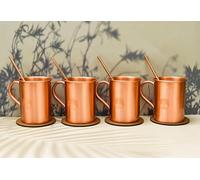 India House Moscow Mule Copper Mugs - Set of 4 Tree of Life Solid Copper Glasses Set 16 OZ Food Safe Cocktail Cup Set with Premium Quality Straws & Coasters for Cold Drinks, Beer, Wine, Bars