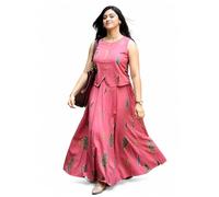 Indian Cotton Craft - Conjunto de camiseta sin mangas y falda larga con estampado floral rosa para mujer, ropa étnica, Amarillo, L