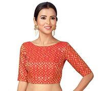 Indian Hawker Women's Party Wear Bollywood Polyester Brocade Readymade Style Saree Blouse Elbow Sleeves Bust Non-Padded (Red 40)