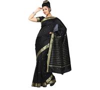 Indian Selections - Tela Sari Sari de seda de arte negro con borde dorado de la India, Negro, 220 Inches (6 Yards)