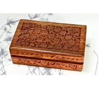 Indian Wooden Box, Decorative Wooden Brass Box, Keepsake, Wooden Jewellery Box, Treasure Chest, Tea Box, Hand Crafted Wooden Decorative Trinket Jewellery Box Organiser (Kashmiri Caring 8 X 5 Inche)
