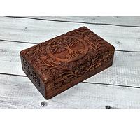 Indian Wooden Box, Decorative Wooden Brass Box, Keepsake, Wooden Jewellery Box, Treasure Chest, Tea Box, Hand Crafted Wooden Decorative Trinket Jewellery Box Organiser (Tree of Life 8 X 5 Inche)