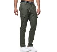 Indicode Hombres Leonardo Pantalones Cargo de Lino y algodón Army S