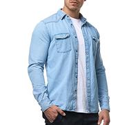 Indicode Hombres Mike Camisa con 2 Bolsillos en el Pecho confeccionada en algodón Blue Wash M