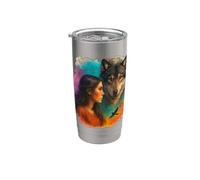indio, nativo, americano, mujer, con, blanco, lobo vintage Vaso térmico de acero inoxidable de doble pared