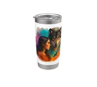 indio, nativo, americano, mujer, con, blanco, lobo vintage Vaso térmico de acero inoxidable de doble pared