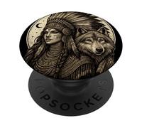 Indio, Nativo, Americano, Mujer, con, Blanco, Lobo, Vitage PopSockets PopGrip Adhesivo