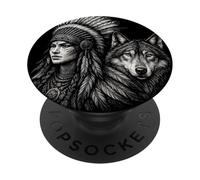 Indio, Nativo, Americano, Mujer, con, Blanco, Lobo, Vitage PopSockets PopGrip Adhesivo