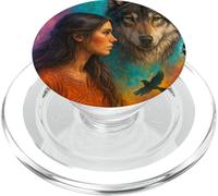 Indio, Nativo, Americano, Mujer, con, Blanco, Lobo, Vitage PopSockets PopGrip para MagSafe