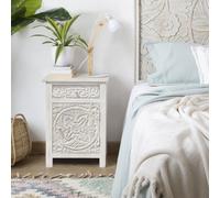 Indira mesita de noche blanca de madera tallada