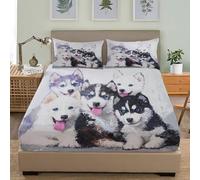 Individual Fácil de Limpiar 3D Sábana Bajera Animal Ojos Azules Cachorro Husky Transpirable Sabanas Elástico en el Borde Bolsillo Profundo 30cm Estilo De Pintura Al óLeo para Grueso Colchón 90x190 cm