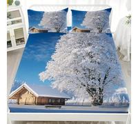Individual Sabana Bajera Ajustable 135x190 cm Bolsillo Profundo 30 cm Invierno Nieve Casa De Madera áRboles Fácil de Cuidar Sábana Bajera Azul para Decoración Dormitorio Ropa de Cama