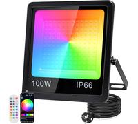 Indmird Foco LED RGB Exterior 100W, Proyector LED RGB Exterior con 2.4G Control Remoto y APP Bluetooth, IP66 Impermeable Regulable Focos Led Colores para Halloween Navidad Jardín Fiesta