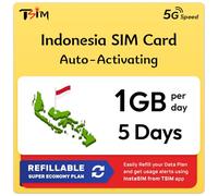 Indonesia Tarjeta SIM de Datos | 5 días, 1 GB/día | Activación automática | Velocidad 5G/4G | Hotspot Permitido | Sin número de teléfono | Plan Recargable a través de la App Insta Sim