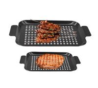 Indoor Cooking Grill Pan, Nonstick Double Size Bbq Tray, Iron Enamel Grilling Pan, Camping Cookware for Charcoal and Smoked Grills, Small, Medium, Black