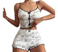 Indoor House - Conjunto gráfico de verano para mujer, bonito pantalón corto y pantalones cortos acanalados, 2 conjuntos de traje corto para mujer, beige, S