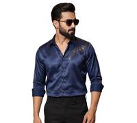 IndoPrimo Elegante camisa casual de satén de ajuste regular para hombre, aspecto de fiesta de trabajo de diseño de piedra, camisa formal de manga completa, Azul marino, 40