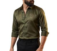 IndoPrimo Elegante camisa casual de satén de ajuste regular para hombre, aspecto de fiesta de trabajo de diseño de piedra, camisa formal de manga completa, Oliva, 40