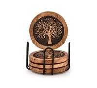 Indus Lifespace Juego de 4 posavasos de madera de acacia, posavasos redondos de madera con árbol de la vida, con soporte de hierro, tipo de mesa para bar, cocina (10,1 x 10,1 x 1,3 cm)