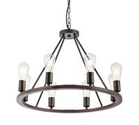 Industrial Black Chandelier Wagon Wheel Pendant Lamp 8-Light Round Farmhouse Lighting Fixture, Wood Accent Candle Chandeliers Hanging Ceiling Swag Lamps for Living Dining Room