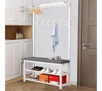 Industrial Free Standing Coat Rack with Hooks, Tall Entryway Coat Tree & Shoe Bench, Removable Hooks & Storage Shelf, Stylish White Gray Design, 80cm Height.