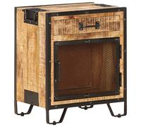 Industrial Nightstand Solid Mango Wood Untreated 43x30x51 cm with Storage Drawer & Steel Mesh Door - Handmade Rustic Bedside Table for Modern Bedroom Decor