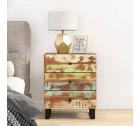 Industrial Nightstand with 3 Drawers, Recycled Solid Wood & Plywood, Unique Handmade Design, Metal Legs, 50x33x62 cm, Vintage Bedside Table for Modern Bedroom Decor