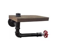 Industrial Rustic Toilet Paper Holder with Wooden Shelf And Cast Iron Pipe for Bathroom with Red Faucet
