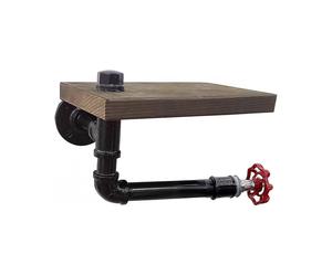 Industrial Rustic Toilet Paper Holder with Wooden Shelf And Cast Iron Pipe for Bathroom with Red Faucet