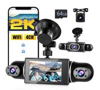 Inefala 2K WiFi Dashcam Coche Delantero Trasero Interior, con Tarjeta SD 64G, 2K+1080P*3 FHD 4 Canales Dash CAM, Cámara para Coche 360°con Ayuda a Marcha Atrás, Sensor G, visión Nocturna