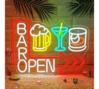 ineonlife Cartel de neón para bar abierto rojo, cartel LED bar abierto, señal de neón para cerveza y cóctel para decoración de pared, letreros luminosos de vaso de vino para bares, cervecerías