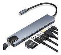 INF Hub USB-C de 8 puertos, Adaptador USB, Duplicador USB C para dispositivos USB como teclados, discos duros externos, monitores HDMI, cargadores y cables de red, 15,33 x 3,24 x 1,4 cm