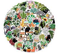 INF Paquete de 50 Pegatinas de Gatos y Plantas, Pegatinas de Plantas en Maceta Verdes con Bonitos Dibujos Animados de Gato Negro, Pegatinas Impermeables para niños, Adolescentes y Adultos