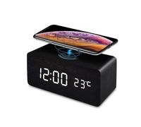 INF Reloj Despertador Digital de Madera de Carga inalámbrica Reloj LED de Escritorio para Dormitorio Mesita de Noche Oficina Color Negro