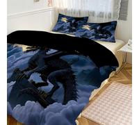 Infantil Funda Edredón 135X200Cm Dragón Occidental 3D Castillo Funda Nórdica Cama 105, Juego De Cama con Fundas De Almohada, Azul-Negro Animales De Fantasía para Niños Niñas Decoración De Dormitorio