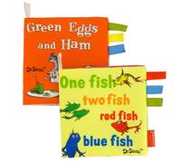 Infantino Dr. Seuss - Libros de actividades suaves, un pez, dos peces, peces rojos, peces azules, huevos verdes y jamón, libros de tela para bebés con páginas coloridas y etiquetas de satén para bebés