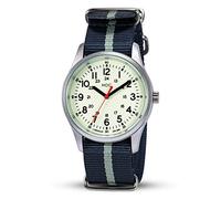 Infantry Reloj analógico para hombre, esfera luminosa que brilla en la oscuridad, estilo militar de campo con pantalla de 12/24 horas, movimiento de cuarzo japonés, correa OTAN de nailon azul