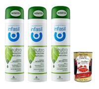 Infasil Desodorante desodorante en spray Neutro Sensazioni Naturali Fragranza con Olio Essenziale, antimanchas, sin sales de aluminio, 3 x 150 ml + Polpa italiana Gourmet 400 g