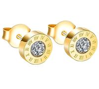INFINIONLY Hombre Mujer Pendientes de Acero Inoxidable Mujer Pendientes Aros de Números Romanos con Circonita Brillante Aretes Redondos de 8mm, Oro