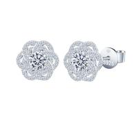 INFINIONLY Pendientes florales de diamante mujer, Pendientes de botón de flor de seis pétalos de plata 925, Un quilate Moissanita redondo de color D claridad VVS1 certificado GRA, Joyas elegantes
